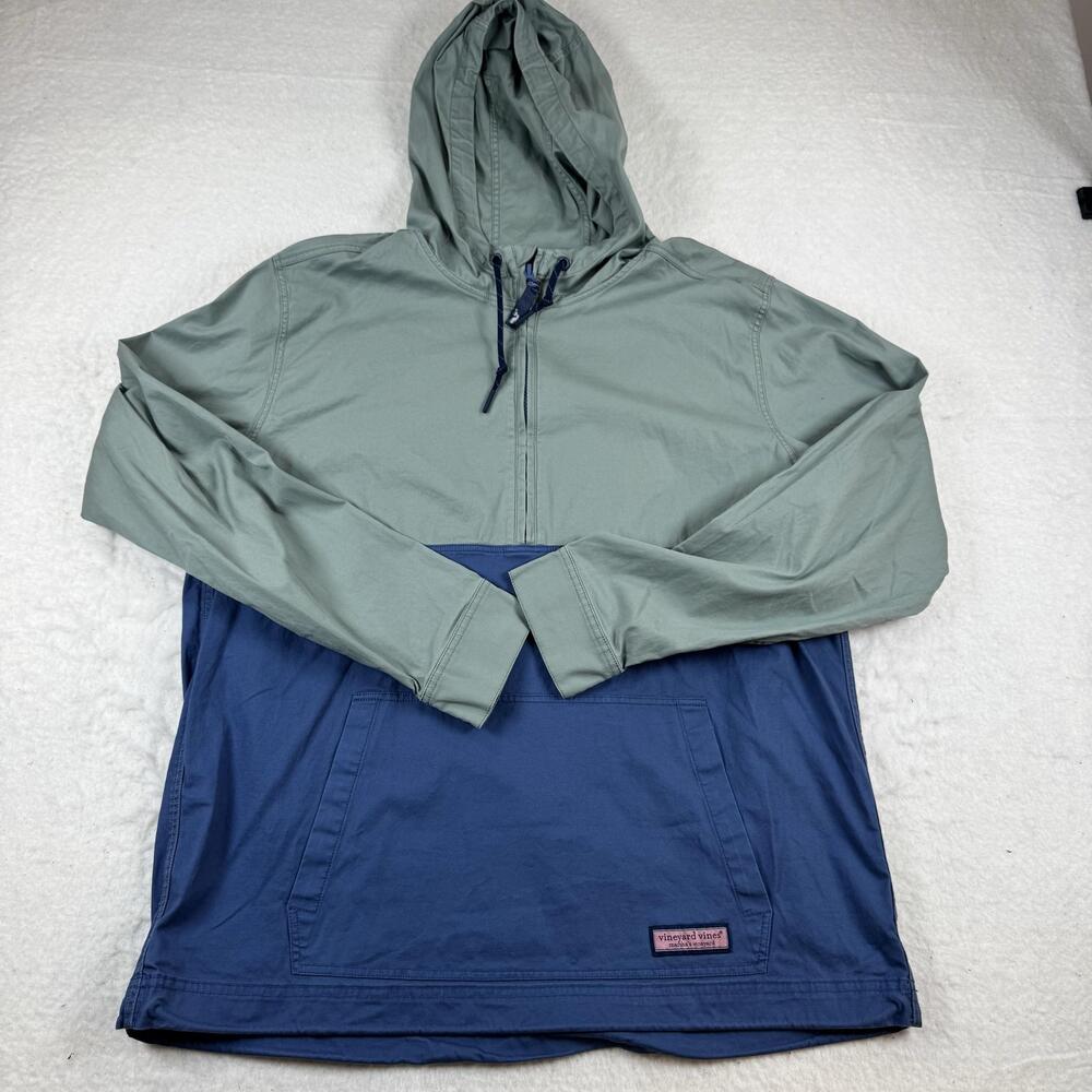 Vineyard Vines Jacket Mens Size L Blue Green Hooded 1/4 Zip Anorak Pullover